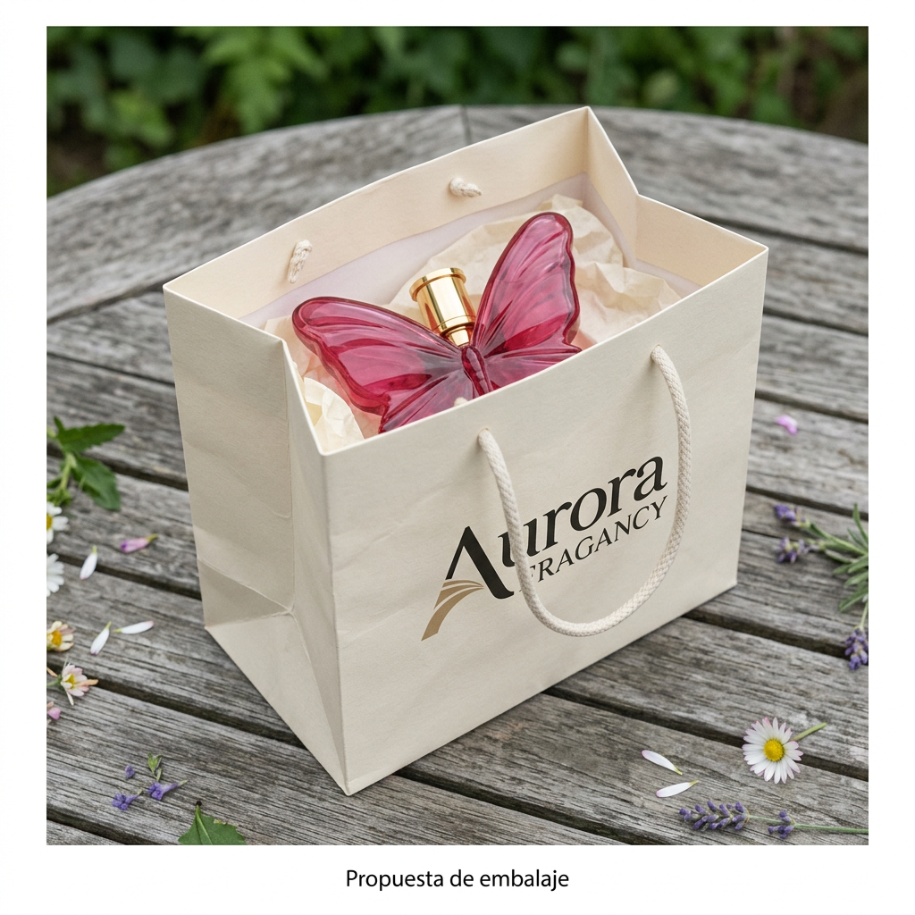 Propuesta de embalaje: perfume Mariposa Rosé dentro de una bolsa Aurora Fragancy sobre una mesa de jardín